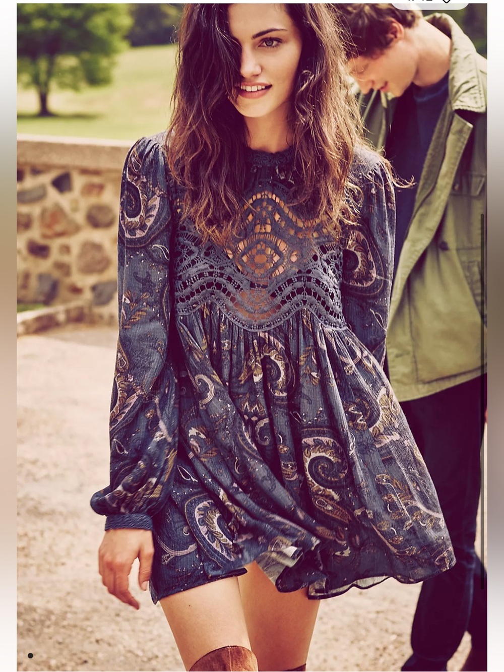 FREE PEOPLE Sweet Thing Babydoll Navy/Tan Crochet Tunic Dress, Small